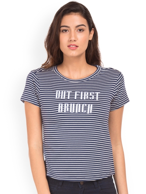 

Sugr Women Navy Blue & White Striped Round Neck T-shirt