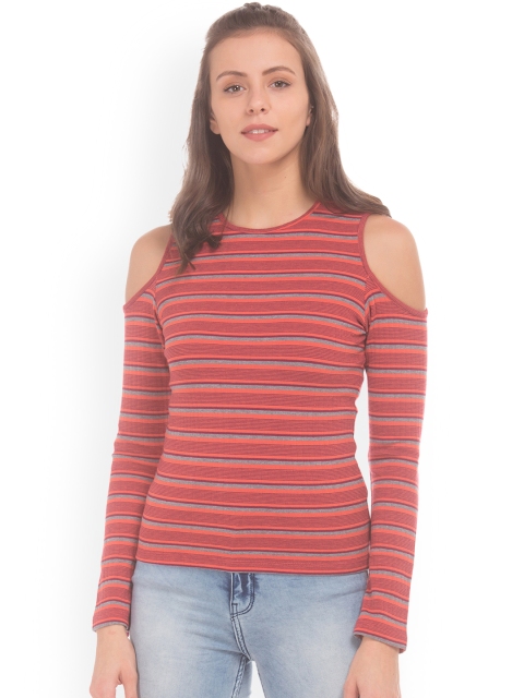 

Sugr Women Rust Red Striped Cold-Shoulder Top