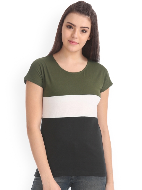

Sugr Women Black & Olive Green Colourblocked Round Neck T-shirt