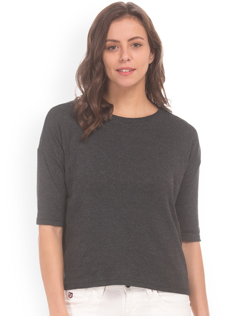 

Sugr Women Charcoal Grey Solid T-Shirt