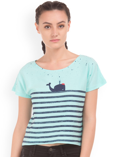 

Sugr Women Blue Striped High-Low Pure Cotton Top