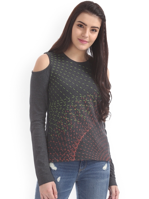 

Sugr Women Charcoal Grey Printed Cold Shoulder Top