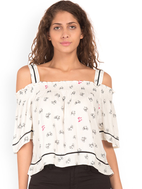 

Sugr Women Off-White & Black Printed Bardot Top