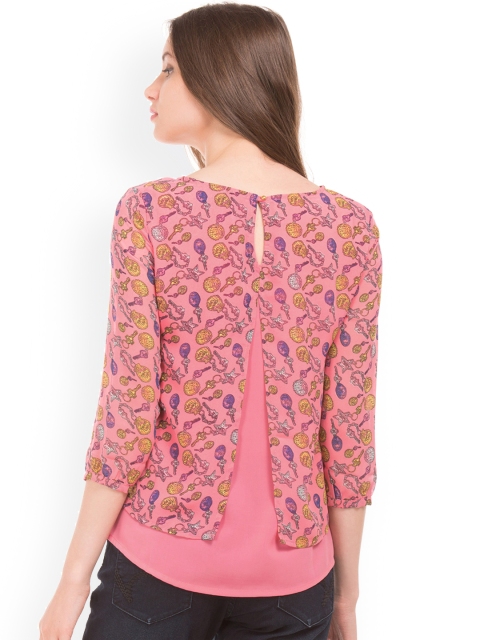 

Sugr Women Pink & Blue Printed Layered Styled Back Top