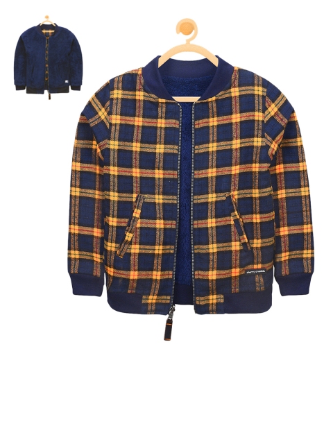 

Cherry Crumble Unisex Navy Blue Checked Reversible Bomber