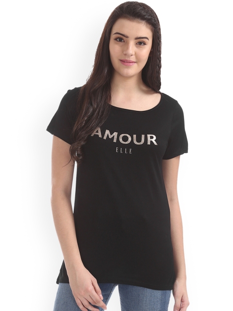

ELLE Women Black Printed Round Neck T-shirt