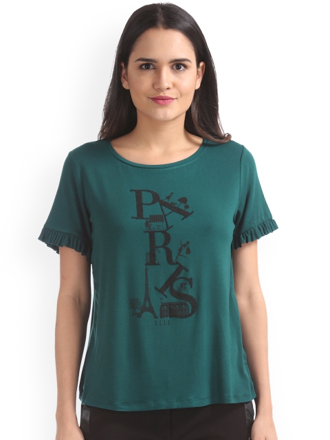 

ELLE Women Green Printed Round Neck T-shirt