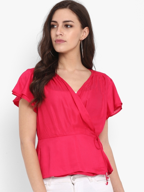 

FOSH Women Red Self Design Wrap Top