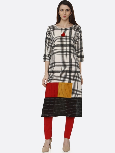 

RAISIN Women White & Black Checked Straight Kurta