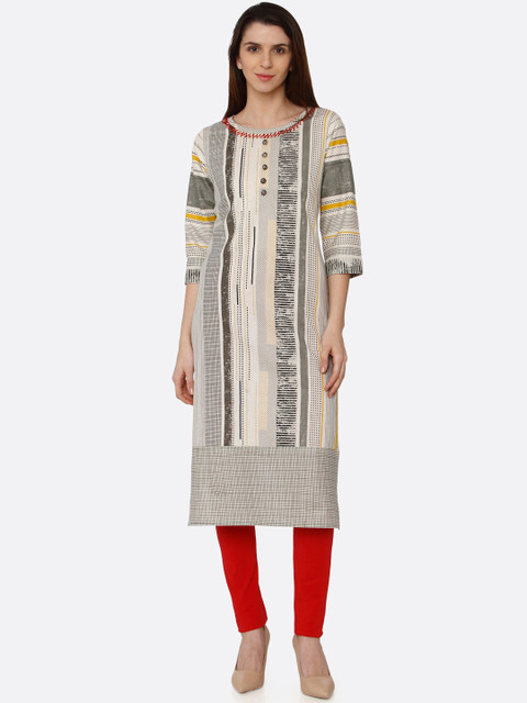 

RAISIN Women Cream-Coloured & Grey Printed Straight Kurta