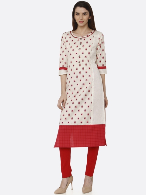 

RAISIN Women Cream-Coloured & Red Printed Straight Kurta