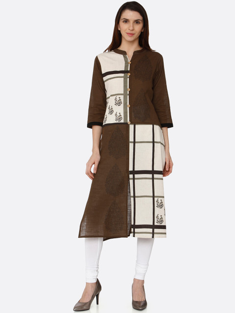 

RAISIN Women Cream-Coloured & Bronze-Toned Checked Straight Kurta