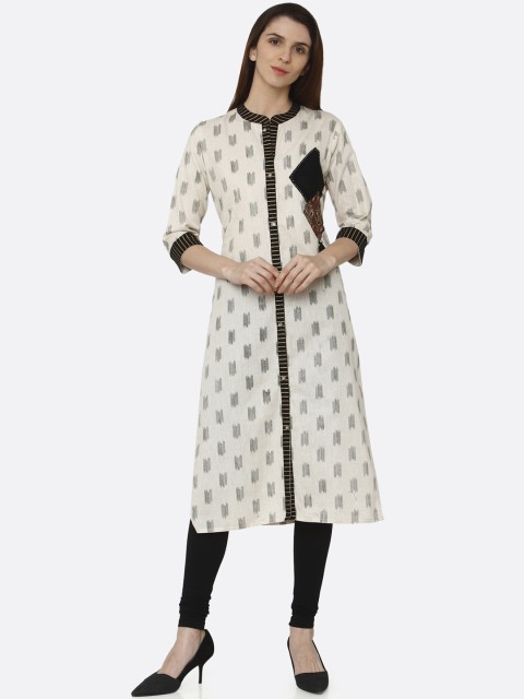 

RAISIN Women Off-White & Black Printed Straight Kurta
