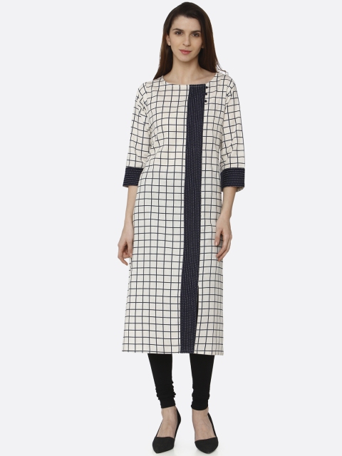 

RAISIN Women Off-White & Navy Blue Checked Straight Kurta