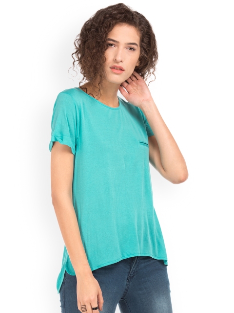 

Cherokee Women Turquoise Blue Solid High-Low Top