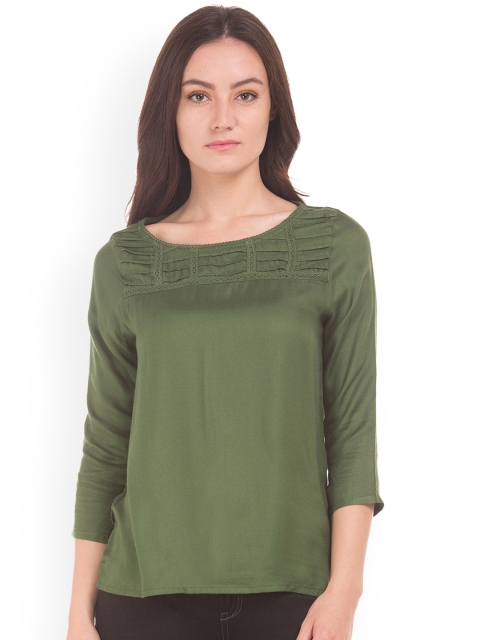 

Cherokee Women Olive Green Solid Top with Lace Inserts