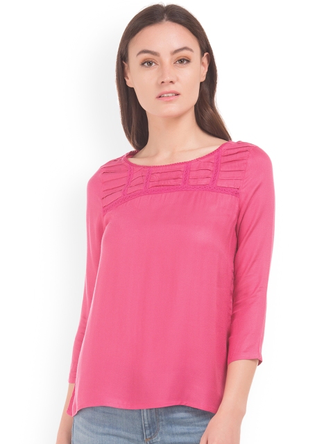 

Cherokee Women Pink Solid Top with Lace Inserts
