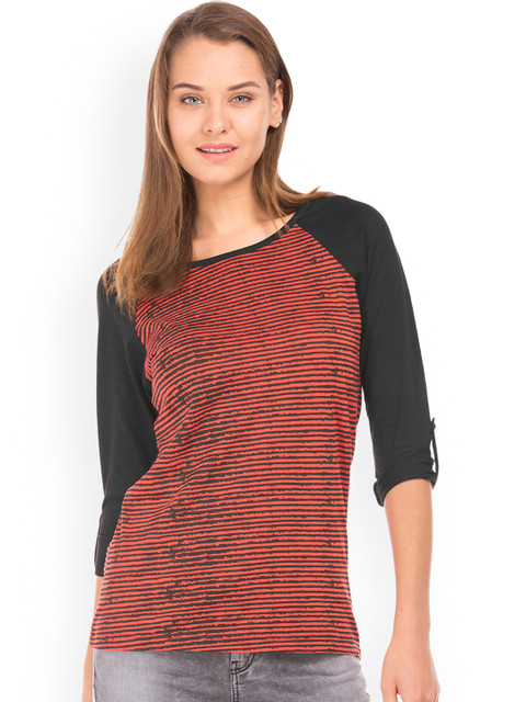 

Cherokee Women Rust Red & Black Striped Pure Cotton Top