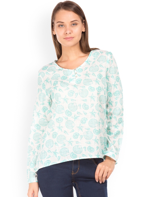 

Cherokee Women White & Blue Printed Top