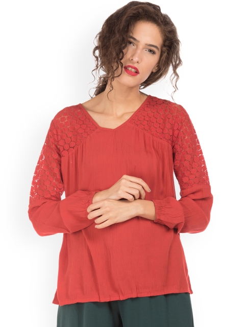 

Cherokee Women Red Solid Lace Inserts A-Line Top