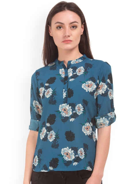 

Cherokee Women Teal Blue Printed Shirt Style Top