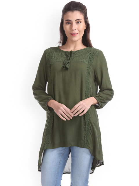 

Cherokee Women Olive Green Solid High-Low Top