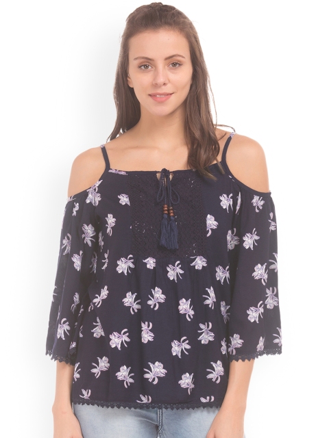 

Cherokee Women Navy & White Printed Cold-Shoulder A-Line Top, Navy blue