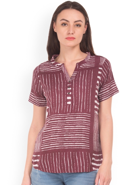 

Cherokee Women Burgundy & Off-White Striped Shirt Style Top