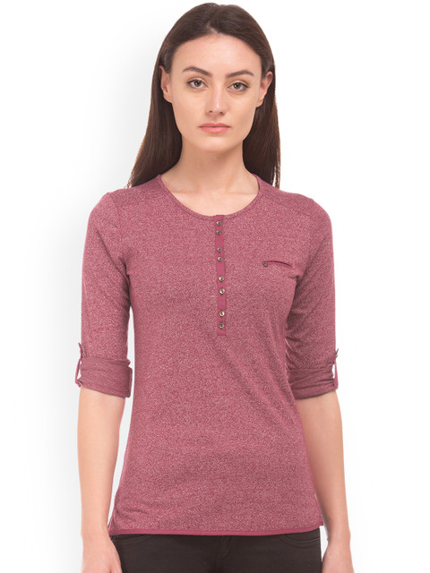 

Cherokee Women Burgundy Solid Henley Neck T-shirt