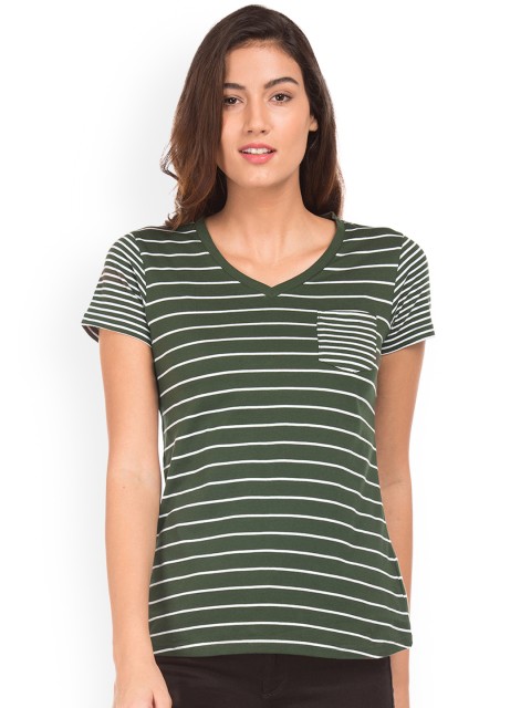 

Cherokee Women Green Striped V-Neck T-shirt