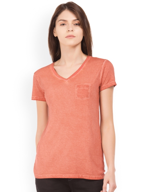 

Cherokee Women Orange Solid V-Neck T-shirt
