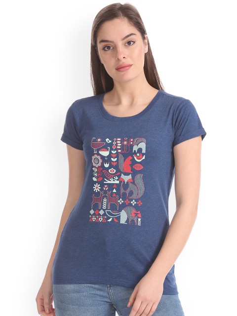 

Cherokee Women Blue Printed Round Neck T-shirt