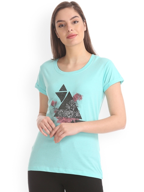

Cherokee Women Turquoise Blue Printed Round Neck T-shirt