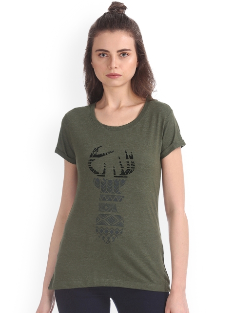 

Cherokee Women Olive Green Printed Round Neck T-shirt