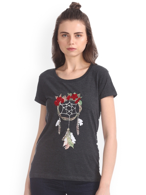

Cherokee Women Charcoal Printed Round Neck T-shirt