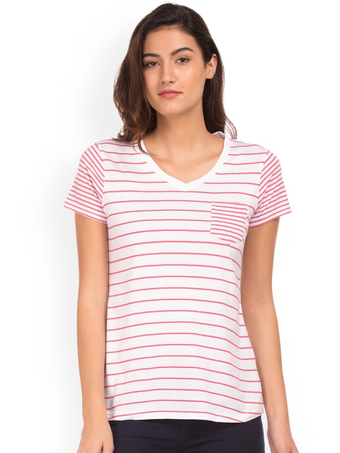 

Cherokee Women White Striped V-Neck T-shirt