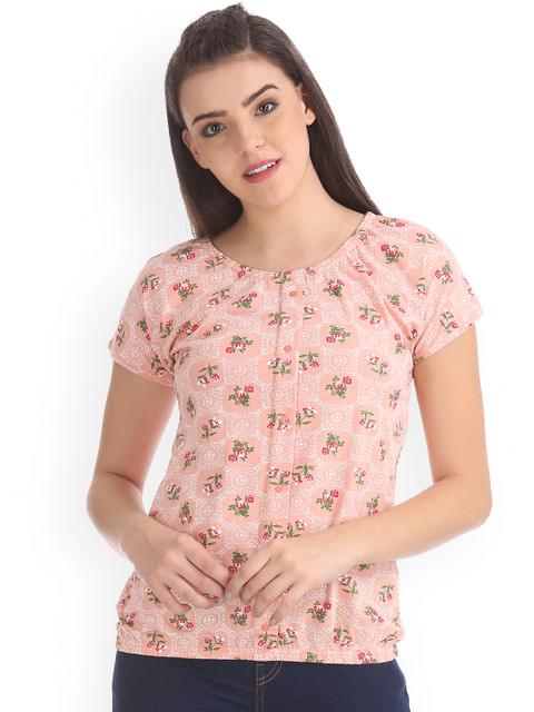 

Cherokee Women Peach-Coloured Printed Round Neck T-shirt