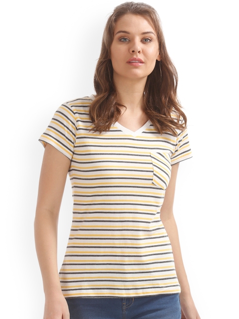 

Cherokee Women White Striped V-Neck T-shirt