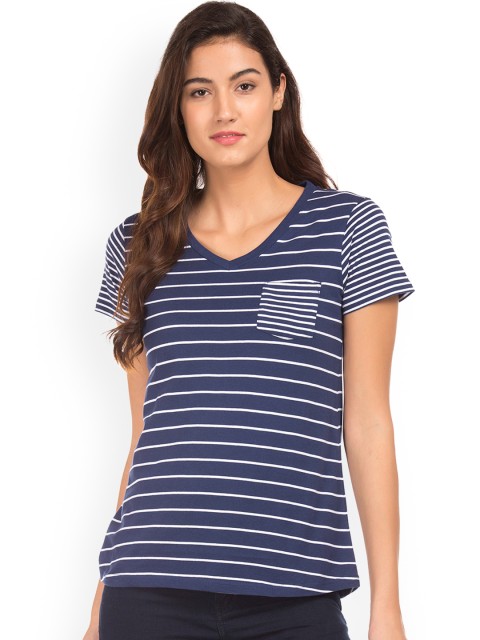 

Cherokee Women Navy Blue Striped V-Neck T-shirt