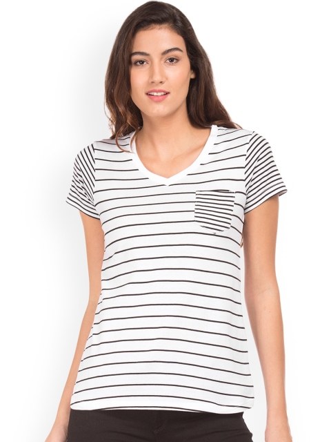 

Cherokee Women White Striped V-Neck T-shirt