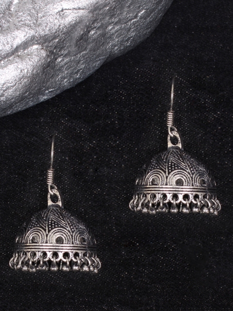 

Ayesha Silver-Toned Oxidised Dome Shaped Jhumkas