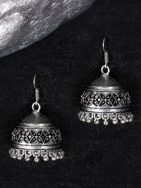 

Ayesha Silver-Toned Sterling Silver Oxidised Dome Shaped Jhumkas