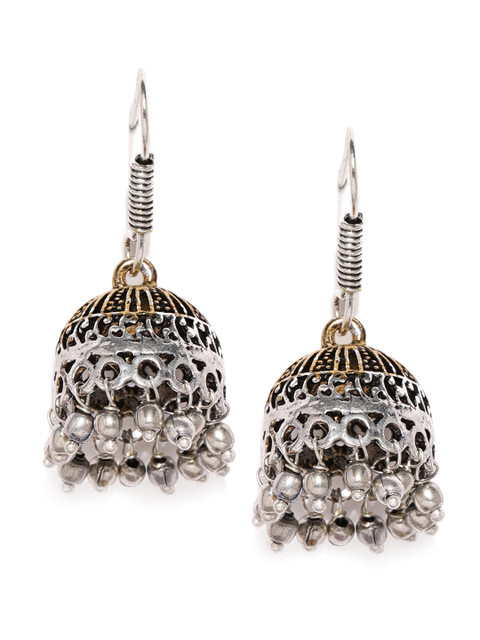 

Ayesha Oxidised Silver-Plated & Gold-Toned Dome Shaped Jhumkas