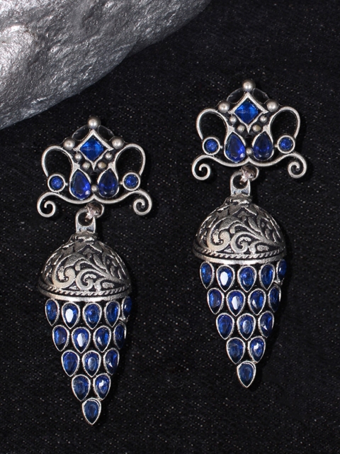 

Ayesha Silver-Toned & Blue Oxidised Contemporary Drop Earrings