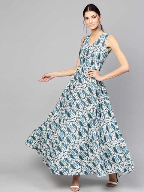 

SASSAFRAS Women Blue & Off-White Printed Maxi Dress