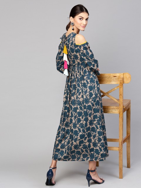 

SASSAFRAS Women Navy Blue & Taupe Printed Maxi Dress