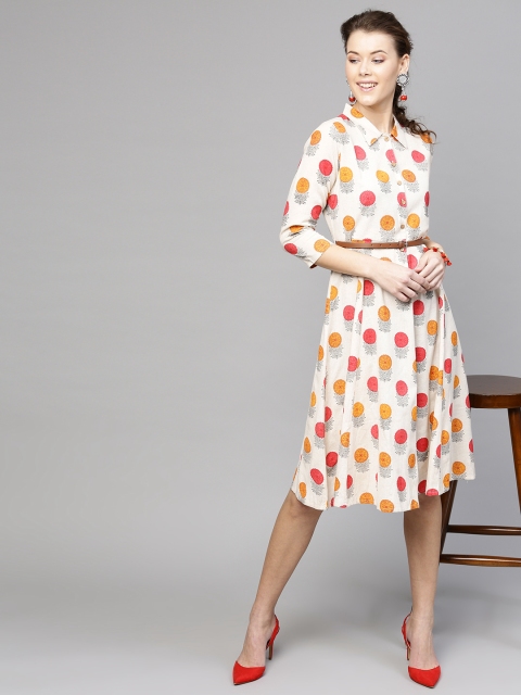 

SASSAFRAS Women Off-White & Pink Printed A-Line Dress