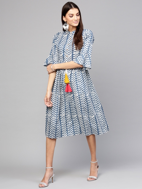 

SASSAFRAS Women Blue & White Printed Midi A-Line Dress