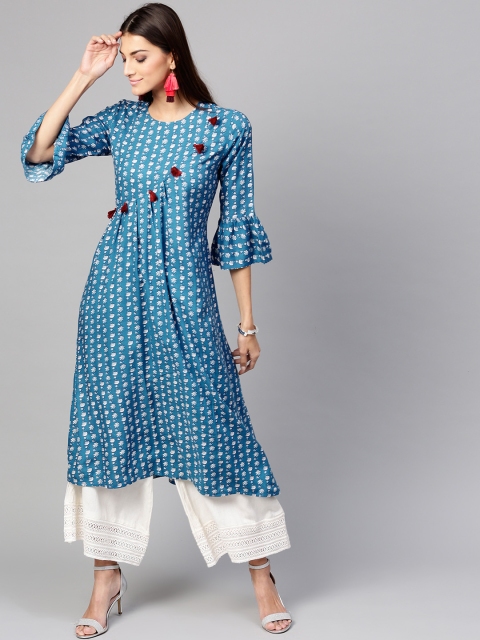 

SASSAFRAS Women Blue & Off-White Floral Printed A-Line Kurta