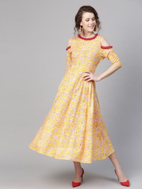 

SASSAFRAS Women Yellow & Pink Floral Print A-Line Dress